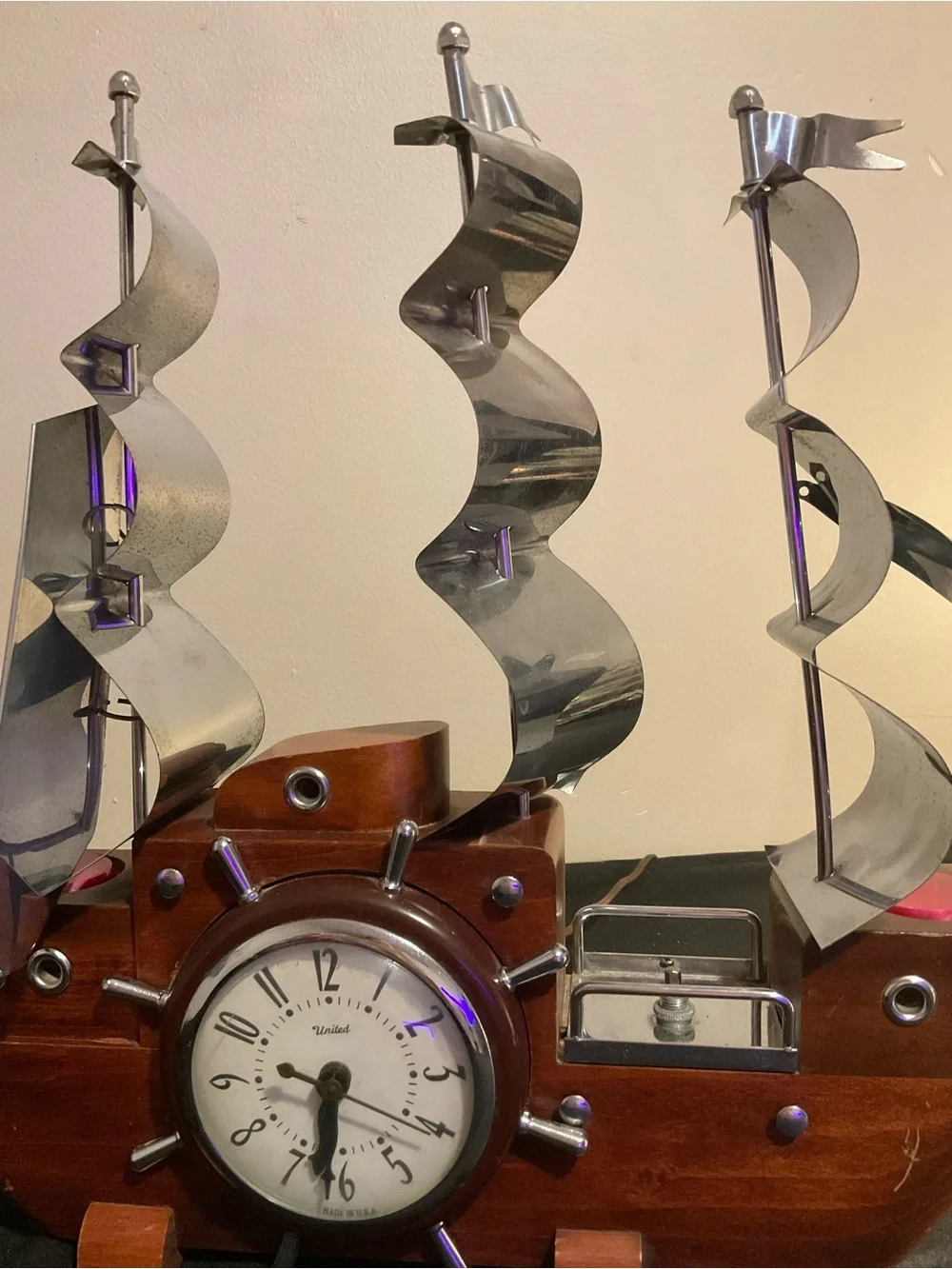 Wooden Ship Clock Wall Decor in Brown and Silver